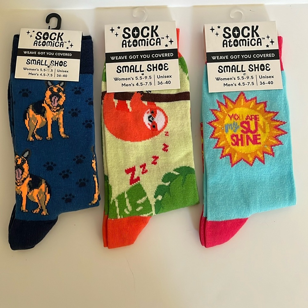 Set of 3 Sock Atomica Socks-German Shepherd, Sleepin Sloth, You are My Sunshine